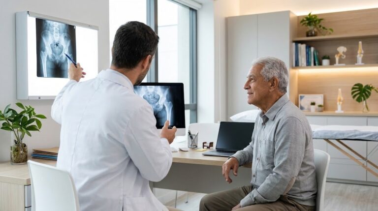 Ortopedista mostrando radiografia do quadril a paciente idoso em consulta