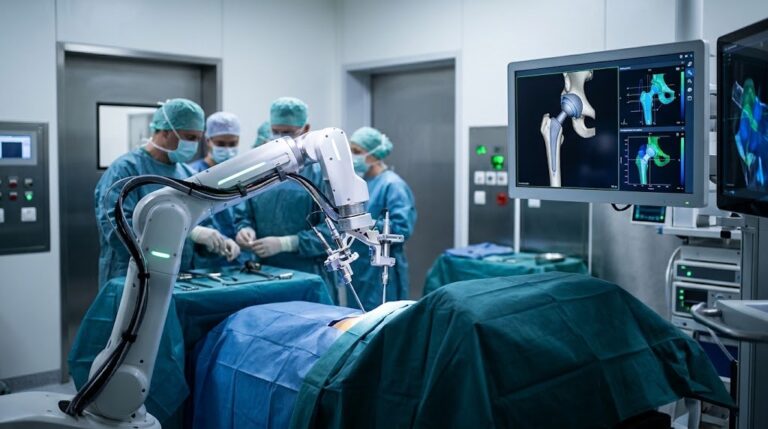 Centro cirúrgico com braço robótico e planejamento 3D de prótese de quadril